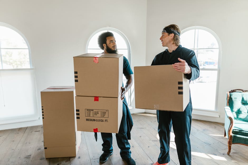 Two movers from Harringay Man and Van are inside a well-lit room with white walls and large arched windows, carrying and stacking medium-sized cardboard boxes used for packing and transport during home relocation. One mover, a man with curly hair and a beard, holds a box in his right hand, while a second man, wearing a headband and dressed in dark clothing, is holding another box and gesturing with his left hand, likely giving instructions. Several other packed boxes are positioned on the wooden floor, some on a small table or stack, indicating an ongoing packing and loading process. The room contains minimal furniture, with only a vintage green upholstered armchair visible on the right side, and natural light filters through the windows, illuminating the scene. This image represents furniture transport, packing, and moving activities that Harringay Man and Van handles as part of their removals service, illustrating the careful handling of packed items during a house move.